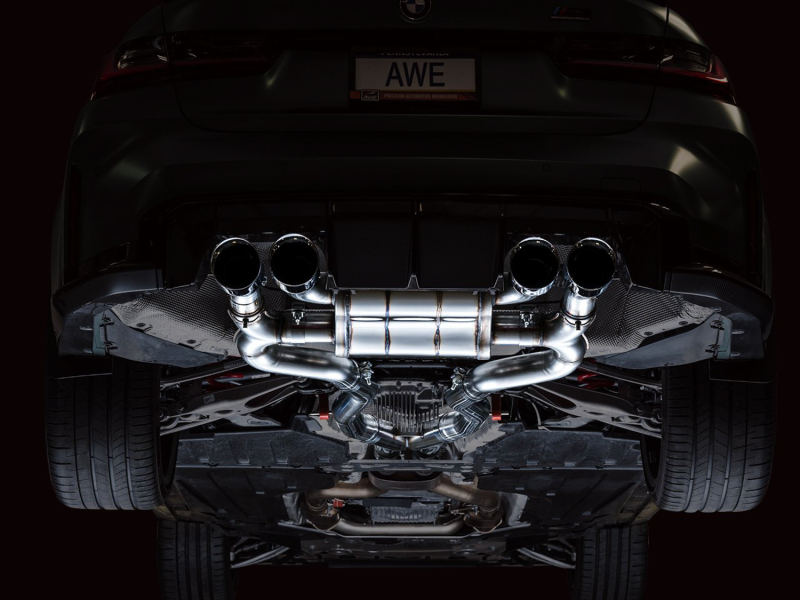 BMW M3 Performance Exhaust - AWE Tuning - SwitchPath Cat-Back, dual 3 in piping, quad 4.5 in double-walled slash-cut tips, valve-controlled with 180 Technology, 50-state emissions compliant - Chrome Silver Tips - `21-`27